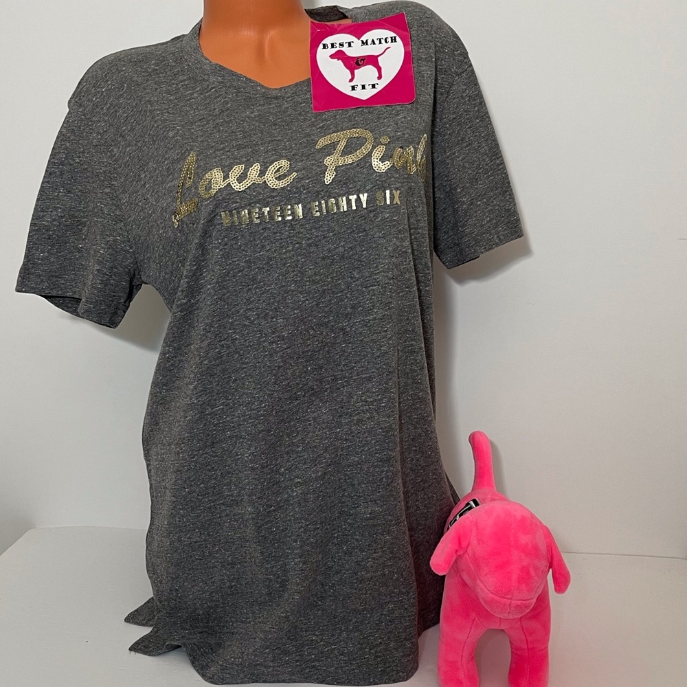Victoria’s Secret PINK XS S Sequin Logo T-shirt Bling Shine Crewneck